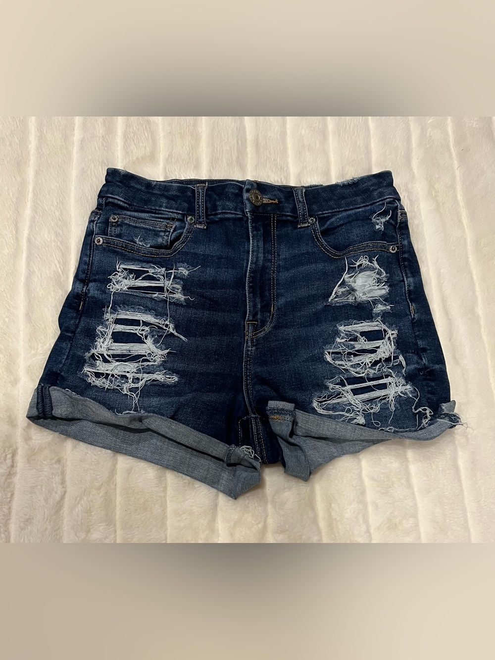American Eagle Size 6 Curvy Hi-Rise Shortie Jean Shorts Denim Distressed Blue